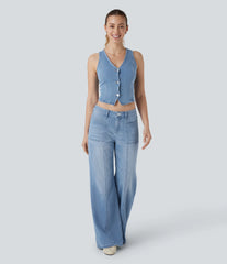 Halara Flex™ Low Rise Zipper Pockets Baggy Wide Leg Flare Washed Casual Jeans