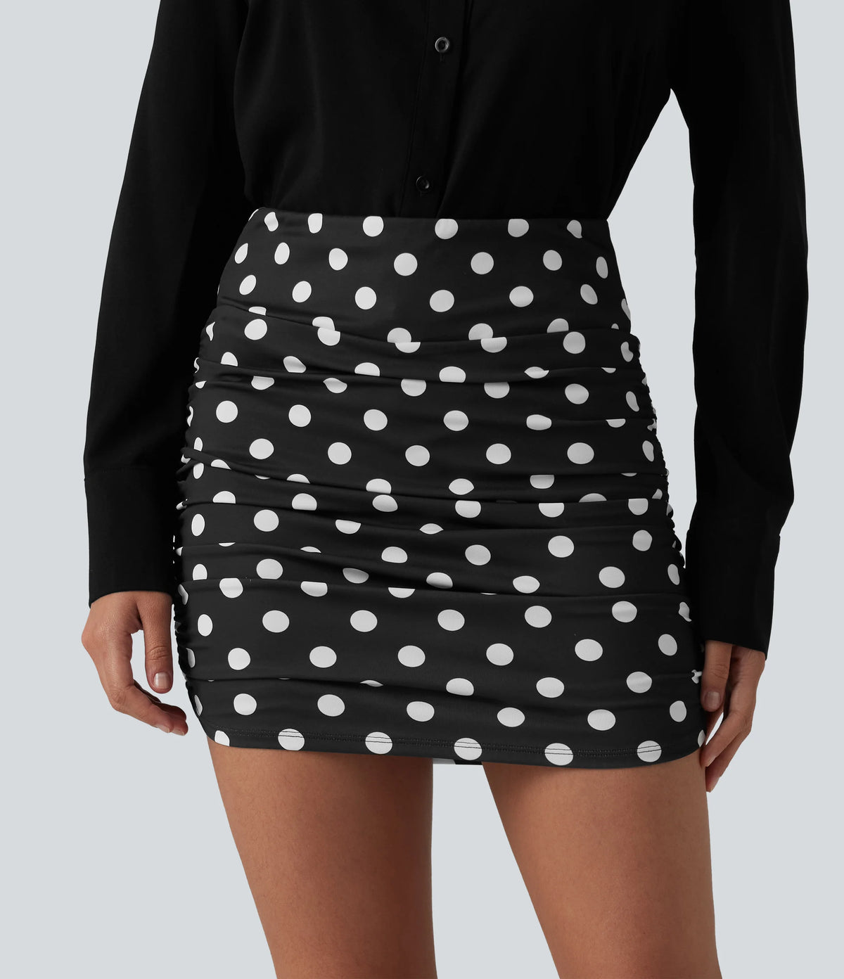 High Waisted Tummy Control Ruched Curved Hem Bodycon 2-in-1 Printed Mini Skirt