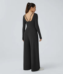 V Neck Long Sleeve Pocket Wide Leg Casual Jumpsuit