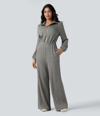 Half Zip Long Sleeve Wide Leg Casual Jumpsuit with Pockets-Easy Peezy Edition