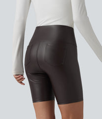 High Waisted Tummy Control Stretchy PU Casual Biker Shorts 7'' with Pockets
