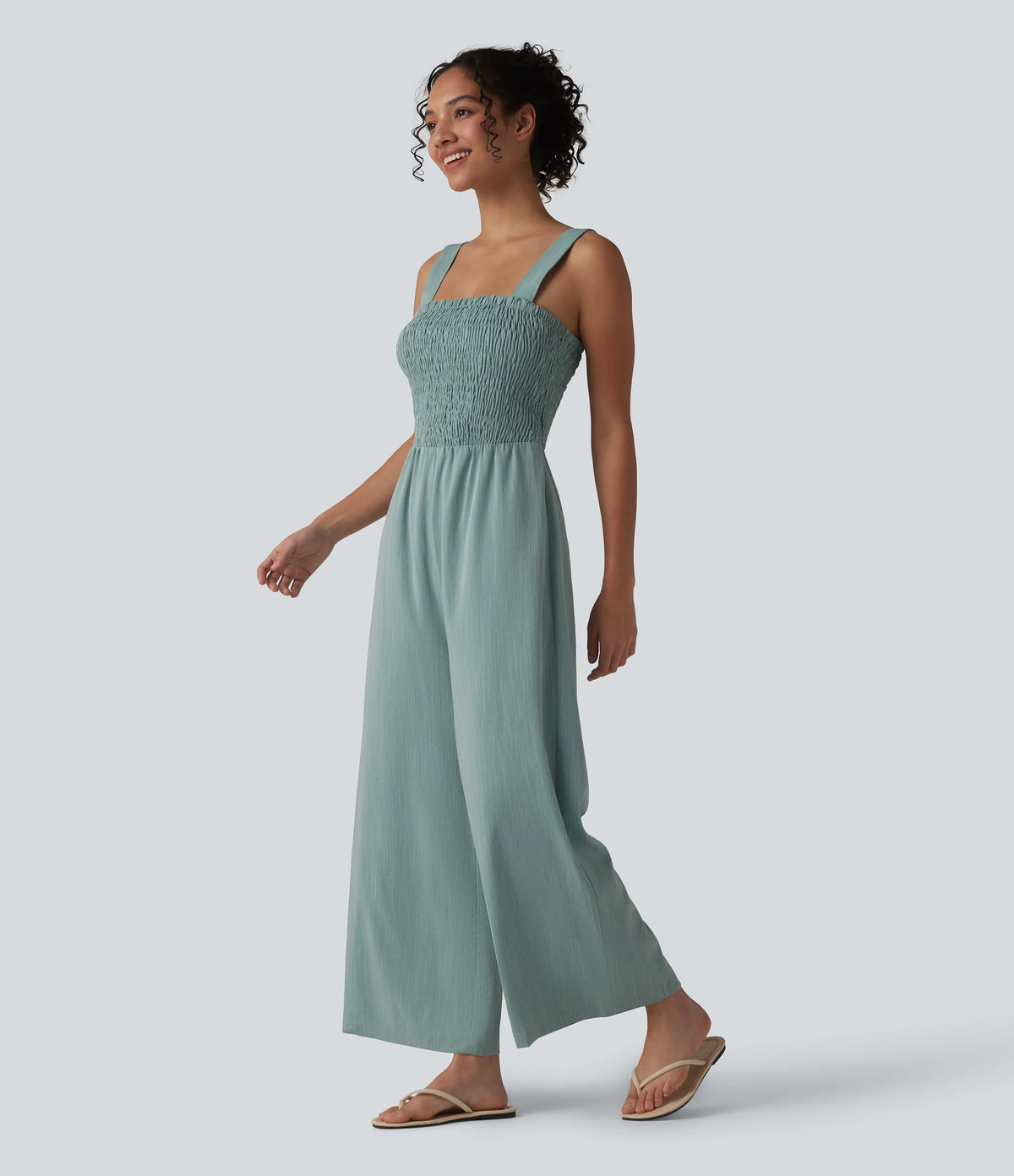 Square Neck Shirred Linen-Feel Jumpsuit-Easy Peezy Edition