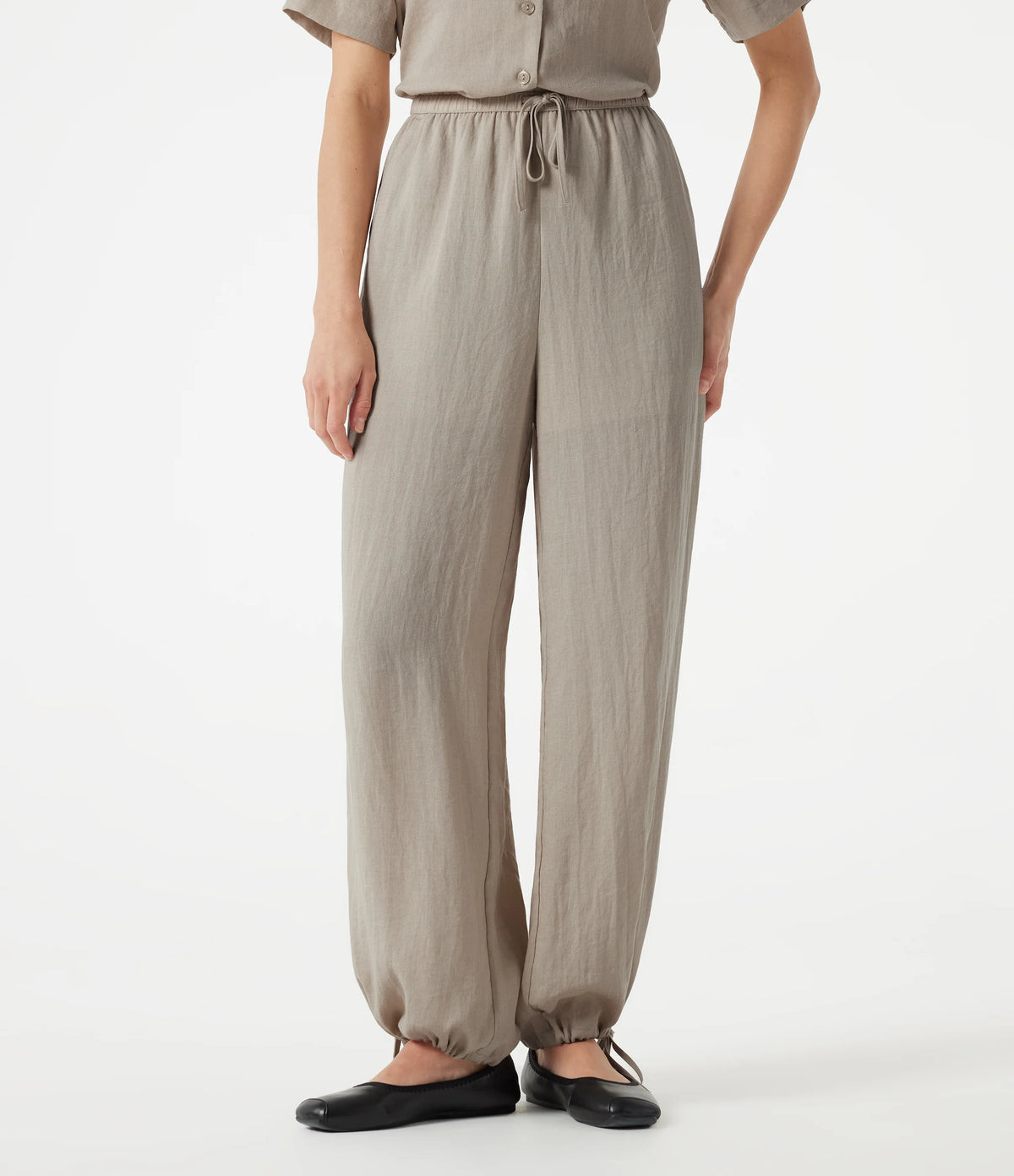 High-waisted Drawstring 2-in-1 Work Linen-Blend Barrel Leg Pants with Pockets