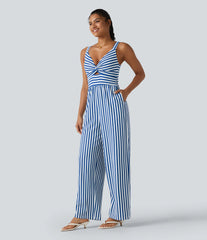 Sleeveless Twisted Shirred Invisible Zipper Built-in Bra Stripes Waffle Casual Jumpsuit with Pockets-Easy Peezy