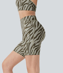 High Waisted Tummy Control Zebra Print Training Biker Shorts 7'' with Pockets