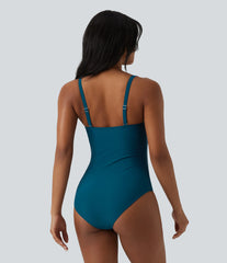 Queen Anne Neck Adjustable Straps Twisted Ruched Push-Up Tummy Control One Piece Swimsuit
