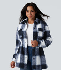 Long Sleeve Inner Drawstring Plaid Casual Sherpa Jacket with Pockets