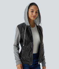 Hooded Drawstring Pocket Zipper Contrast Faux Leather Casual Jacket