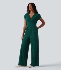 V Neck Short Sleeve Wide Leg Casual Jumpsuit with Pockets-Easy Peezy Edition