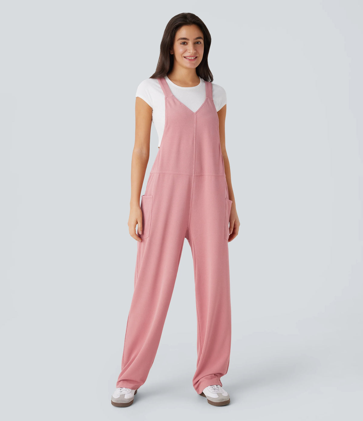 V Neck Pocket Waffle Casual Overalls
