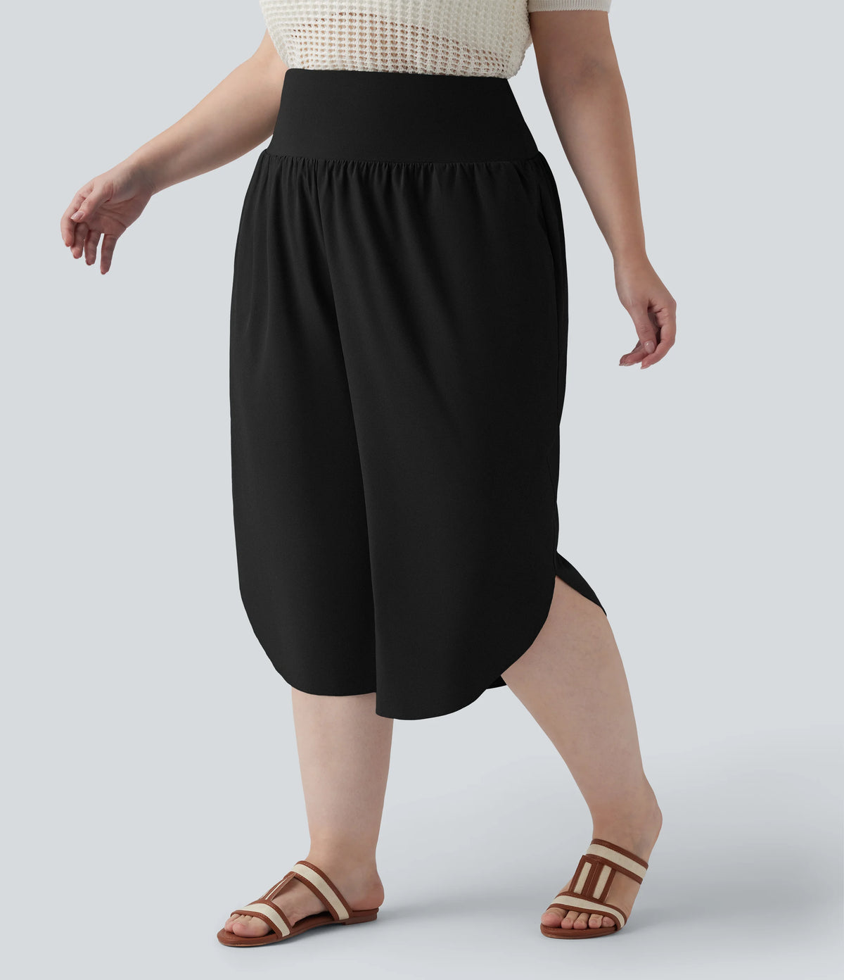 Breezeful™ High Waisted Tummy Control Curved Hem Quick Dry Resort Capri Plus Size Pants with Pockets