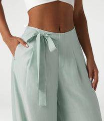 High Waisted Tie Side Baggy Linen-Blend Pants with Pockets