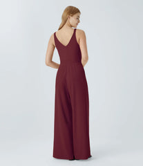 Double Straps V Neck Pocket Wide Leg Casual Jumpsuit