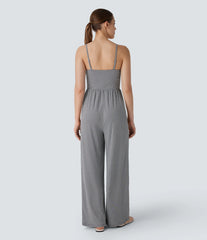 Adjustable & Removable Strap Ruched Pocket Plaid Casual Jumpsuit