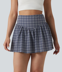 High Waisted 2-in-1 A-line Mini Plaid Crinkle Quick Dry Tennis Skirt with Pockets