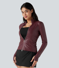 Stand Collar Long Sleeve Thumb Hole Fleece Casual PU Leather Jacket