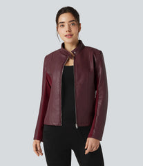 Stand Collar Zipper Long Sleeve Fleece Casual PU Faux Leather Jacket with Pockets