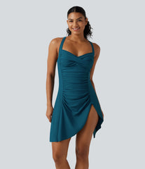 Queen Anne Neck Adjustable Straps Twisted Ruched Split Hem 2-in-1 Built-in Bra Push-Up Tummy Control Swim Dress with Pockets