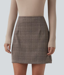 High Waisted 2-in-1 Houndstooth Plaid Mini Work Skirt-Longer Length