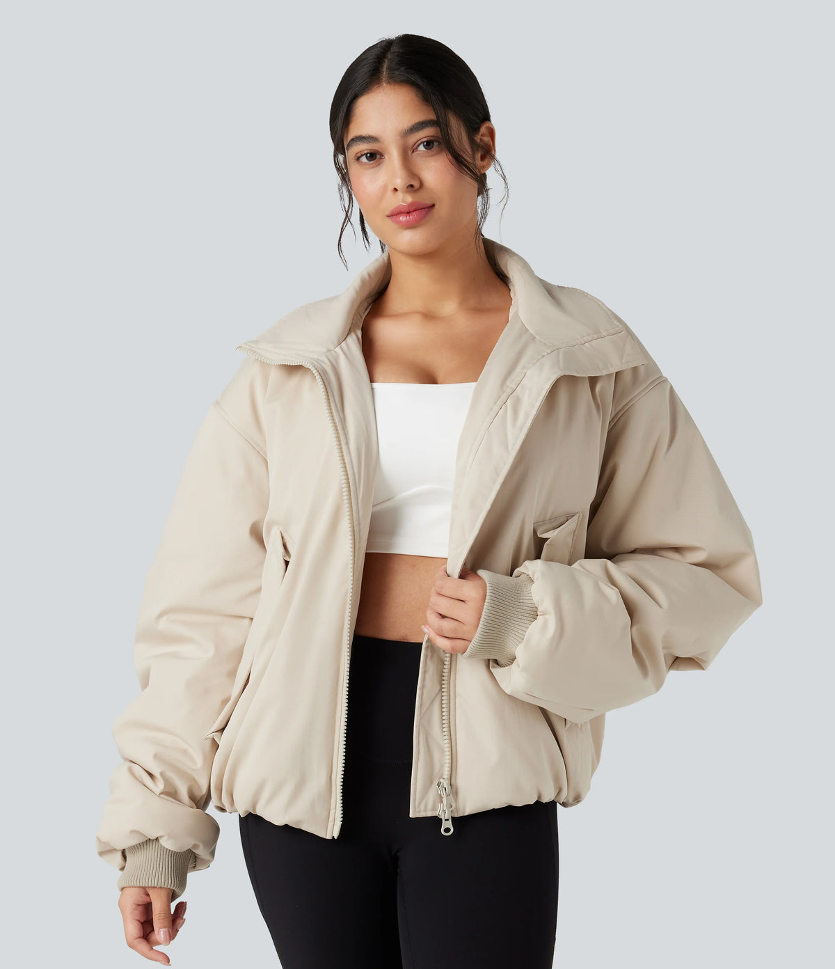 High Neck Long Sleeve Zipper Casual Puffer Jacket with Pockets