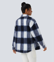 Collar Long Sleeve Curved Hem Casual Shacket Sherpa Jacket with Pockets