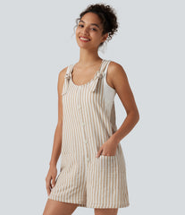 Knot Strap Stripe Casual Linen-Feel Short Overalls with Pockets