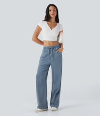 Halara Flex™ High Waisted Drawstring Wide Leg InstantCool Stretchy Knit Casual Sweatpants Jeans with Pockets