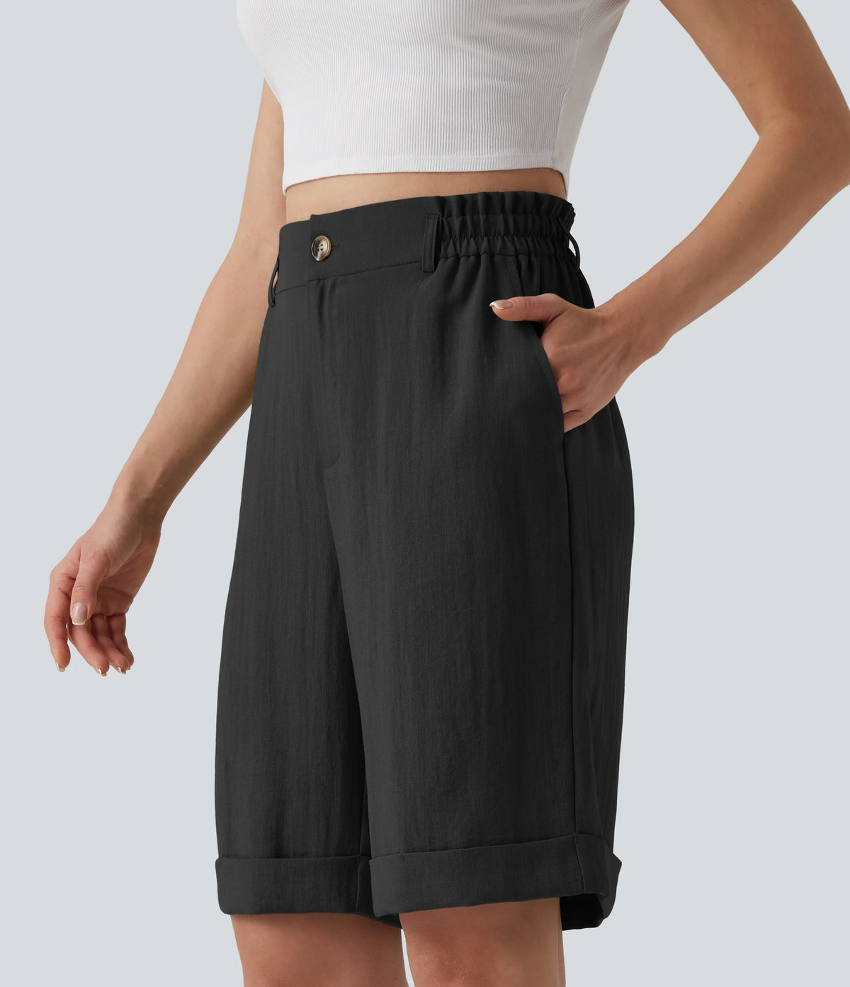 High Waisted Rolled Hem Linen-Feel Resort Bermuda Shorts 10'' with Pockets