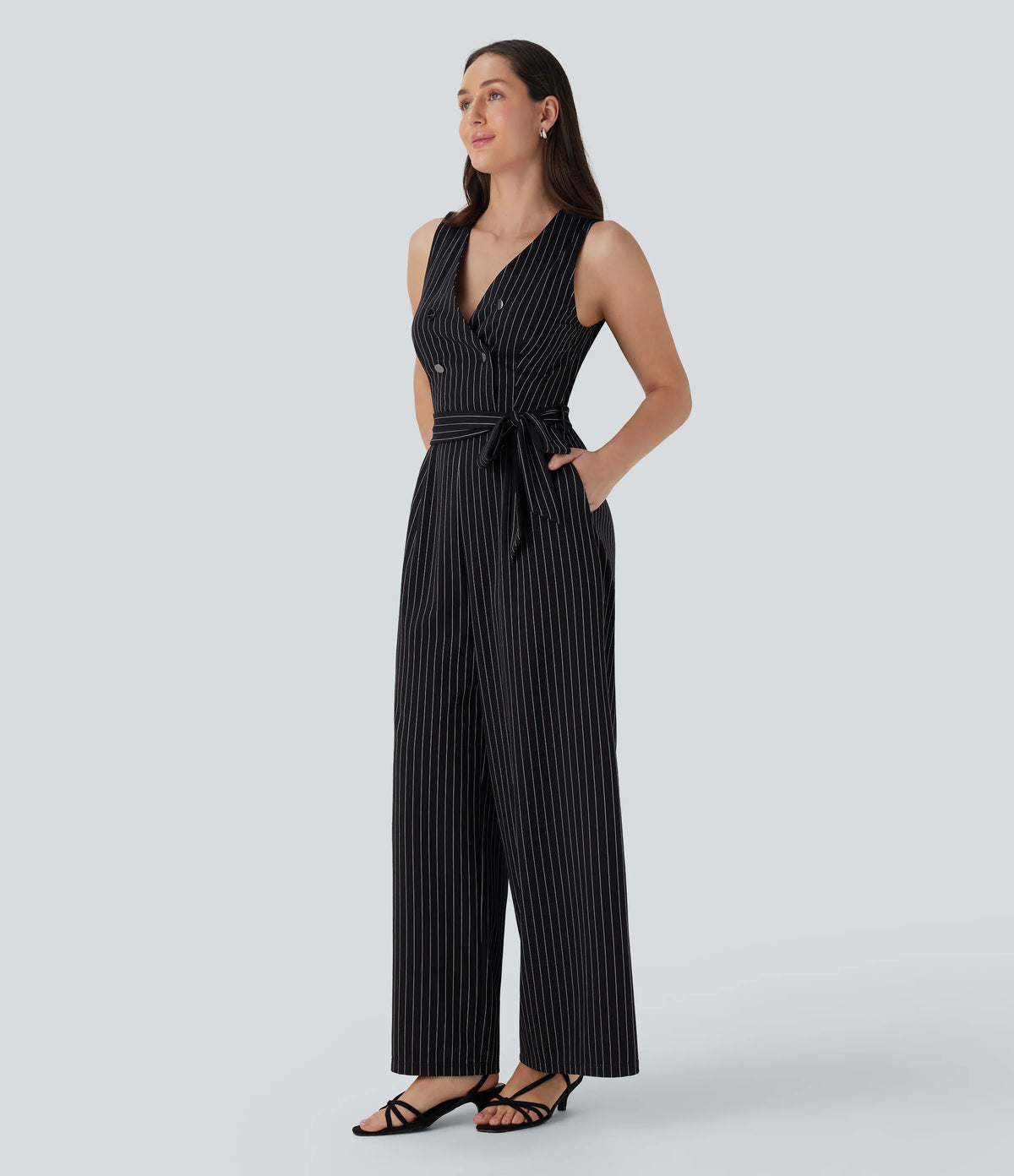 V Neck Sleeveless Belted Stripe InstantCool Work Jumpsuit with Pockets-Easy Peezy