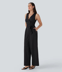 V Neck Sleeveless Belted Stripe InstantCool Work Jumpsuit with Pockets-Easy Peezy