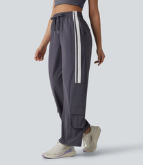 High Waisted Drawstring Colorblock Stripes Quick Dry Workout Cargo Pants with Pockets