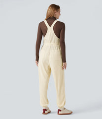 Ribbed Knit Adjustable Straps Drawstring Casual Overalls with Pockets