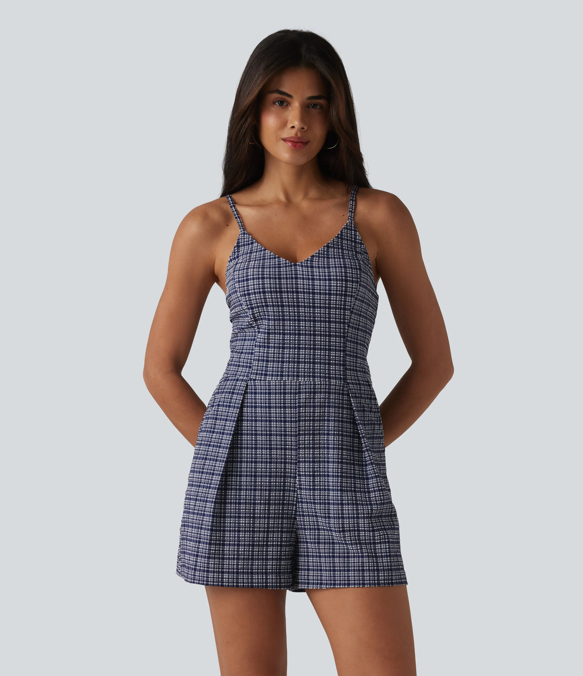 V-neck Sleeveless Plaid Crinkle Quick Dry Resort Romper with Pockets-Easy Peezy