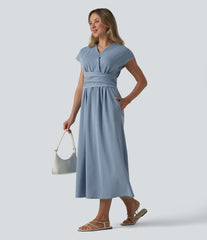 Halara Flex™ V Neck Short Sleeve Tie Back Denim Midi Casual Dress with Pockets