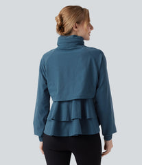 Stowable Hood Drawstring Contrast Mesh Ruffle Hem Workout Jacket with Pocket