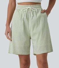 High Waisted Drawstring Gingham Plaid Resort Baggy Bermuda Shorts with Pockets