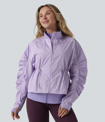 Durable Water Repellent Stand Collar Ruched Sleeve Drawstring Thumb Holes Hiking 3-in-1 Jacket with Pockets