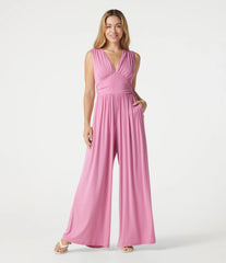 Ribbed V Neck Sleeveless Ruched Built-in Bra Casual Jumpsuit with Pockets-Easy Peezy Edition