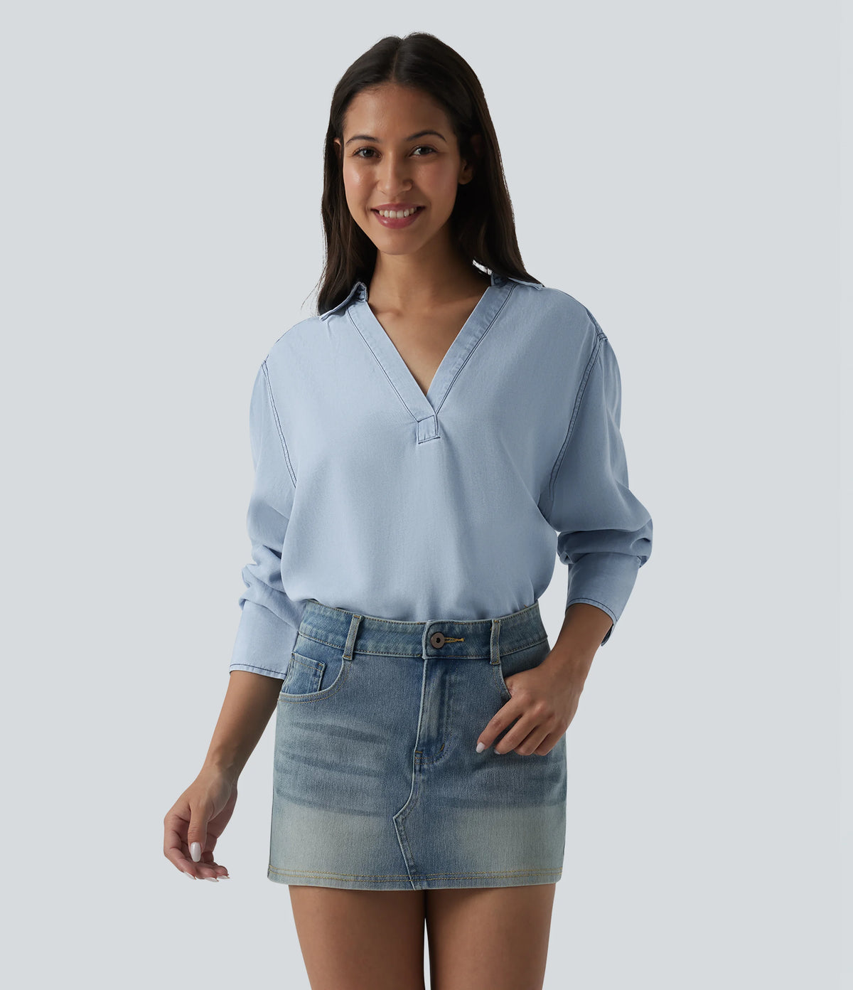V Neck Long Sleeve Denim Casual Blouse