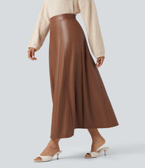 High Waisted Maxi Fleece Casual PU Leather Skirt