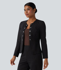 Round Neck Long Sleeve Open Front Work Blazer