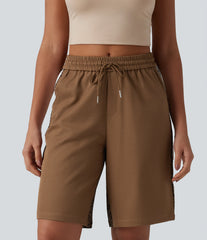 Mid Rise Drawstring Color Block Stripes Contrast Leopard Casual Baggy Bermuda Shorts 10'' with Pockets