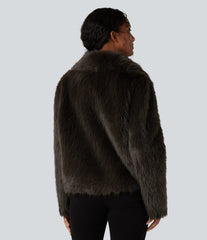 Lapel Long Sleeve Casual Faux Fur Coat with Pockets