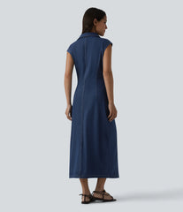 Halara Flex™ V-neck Sleeveless Ruched Button Fly  Midi Denim Casual Dress