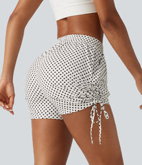Mid Rise Gathered Hem Lace Up Polka Dot Casual Shorts 3" with Pockets