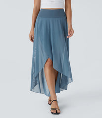 High Waisted High Low Ruffle 2-in-1 Pocket Flare Mesh Casual Regular Maxi Skirt