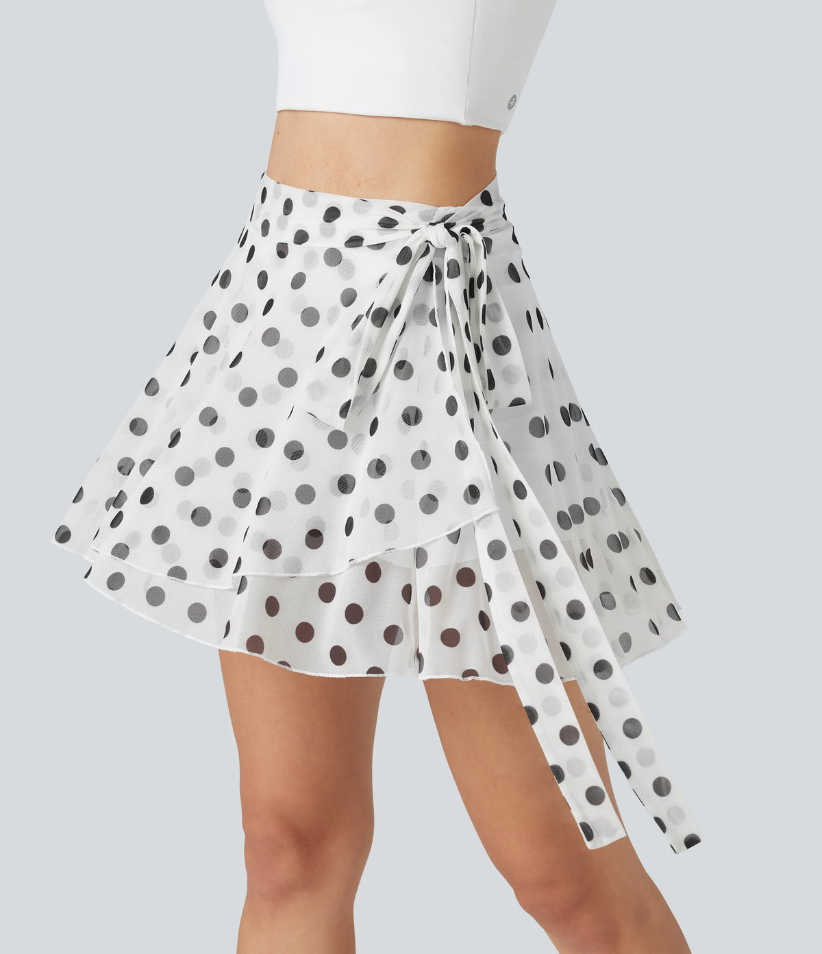 High Waisted Tie Side 2-in-1 Flowy Polka Dot Mesh Micro Mini Flare Skirt with Pocket