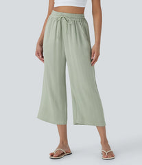High Waisted Drawstring Wide Leg Cropped Casual Linen-Feel Pants with Pockets