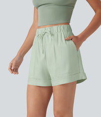High Waisted Drawstring Rolled Hem Cotton Linen Casual Baggy Shorts with Pockets