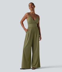 V Neck Built-in Bra Casual Slip Jumpsuit with Pockets-Easy Peezy Edition